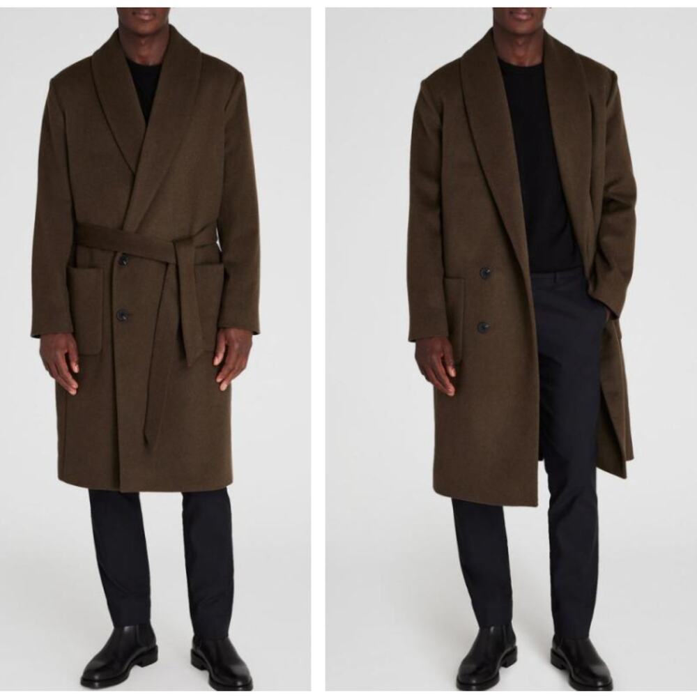 CLUB MONACO Shawl-Collar Coat Wool Cashmere Belt Double Breast Olive Sz 44 $998